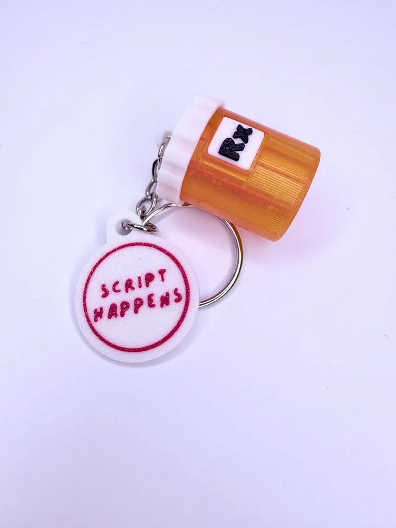 Script Happens – RX Bottle Keychain Charm | Funny Nurse, Pharmacy Tech Accessory